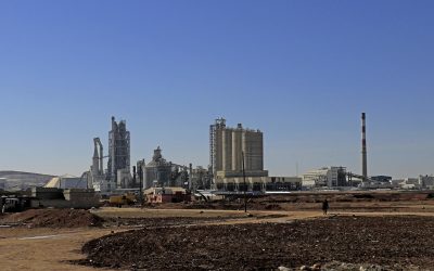 A large building in the background